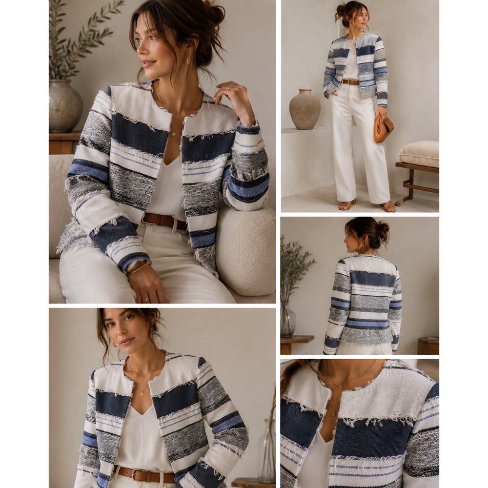Zara Basic Jacket Women XS Blue White Striped Excellent Frayed Fringe Tweed